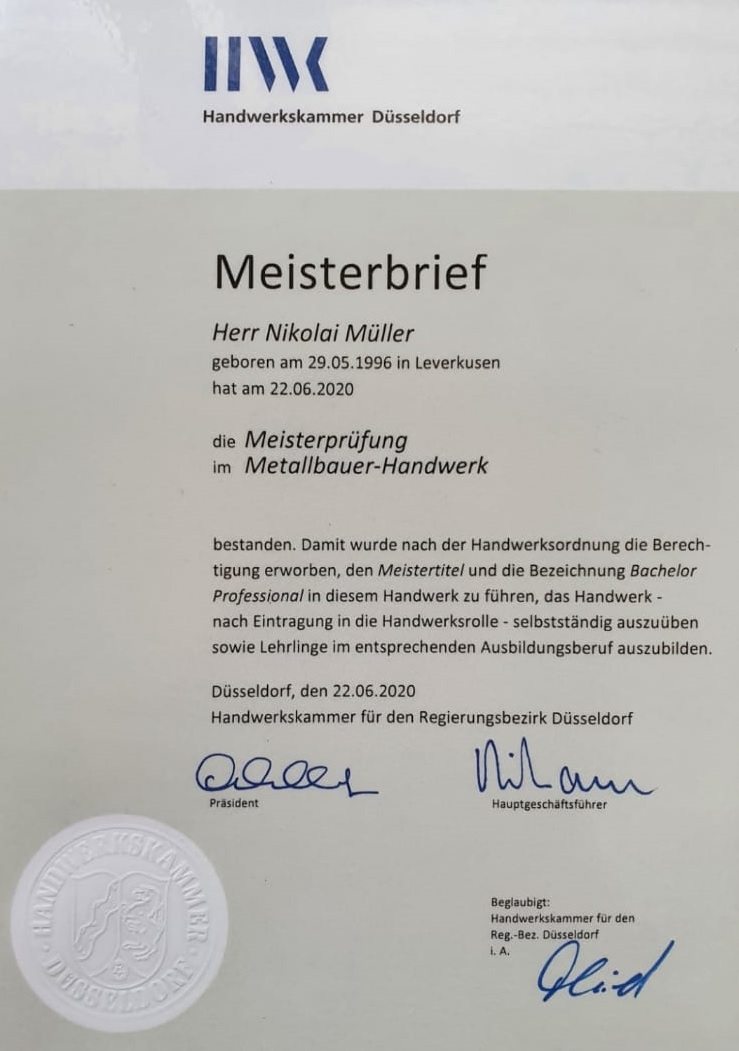 Meisterbrief Metallbau Jaeschke